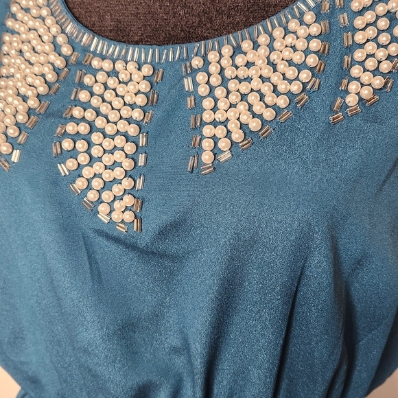 Sweet Rain Sleeveless Midi Dress S Beaded Accents Elastic Waist Teal Feminine - Picture 5 of 8